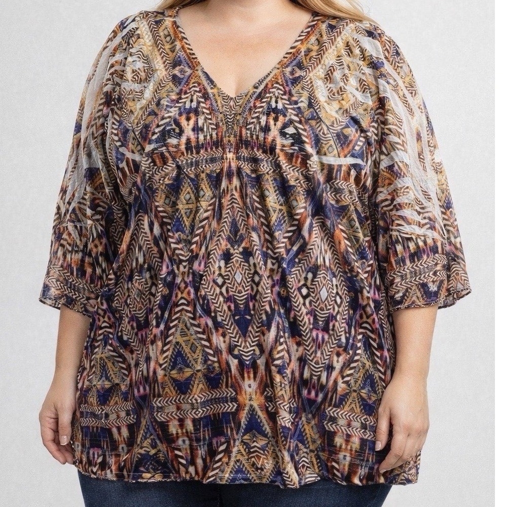 One World live and let live women's 3X Boho tunic Top Tribal rhinestone V-Neck